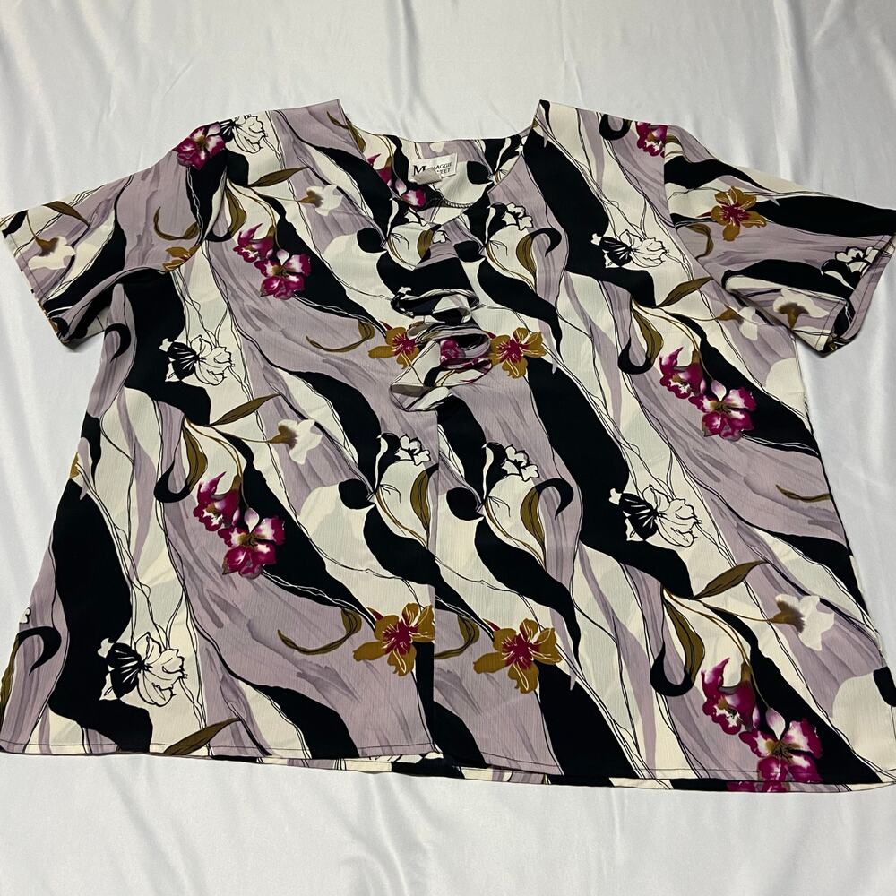 Maggie Sweet Top Ruffle V Neck Floral Evening Cloud Short Sleeve 1X EUC